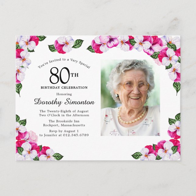 Pink White Floral 80th Birthday Invitation Postcard (Front)