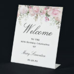 Pink White Floral 80th Birthday Party Welcome Pedestal Sign<br><div class="desc">Welcome guests to your birthday party with this elegant floral design. A lush floral border of blush pink roses and white hydrangea flowers is placed at the top. Welcome is written in a large trending font. The remainder of the text is a classic combination of an upright and italic font....</div>