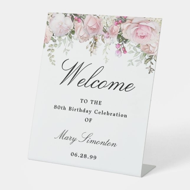 Pink White Floral 80th Birthday Party Welcome Pedestal Sign (Front)