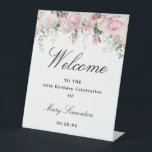 Pink White Floral 90th Birthday Party Welcome Pedestal Sign<br><div class="desc">Welcome guests to your birthday party with this elegant floral design. A lush floral border of blush pink roses and white hydrangea flowers is placed at the top. Welcome is written in a large trending font. The remainder of the text is a classic combination of an upright and italic font....</div>