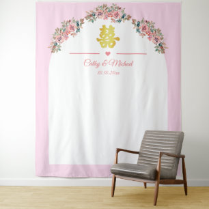 Pink white floral arch Chinese wedding backdrop Tapestry