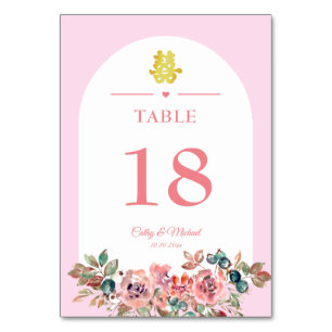 Pink white floral arch Chinese wedding double xi Table Number