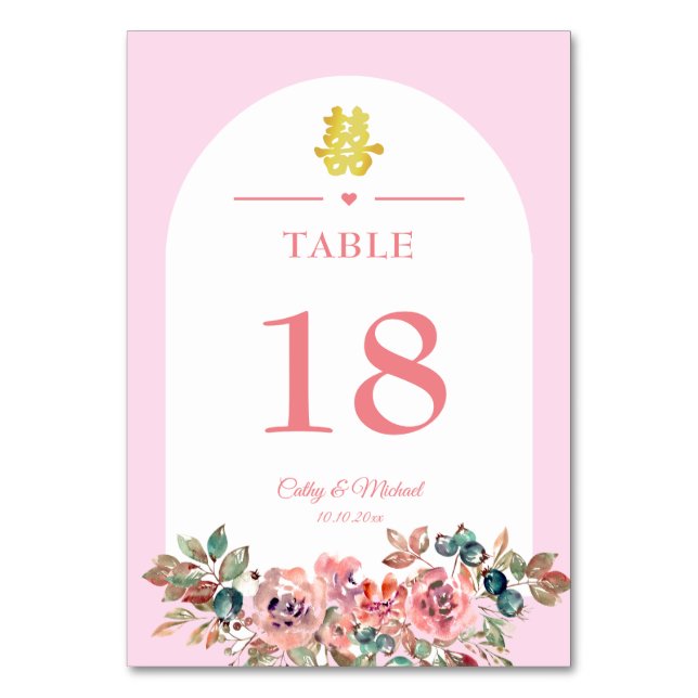 Pink white floral arch Chinese wedding double xi Table Number (Front)