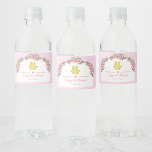 Pink white floral arch Chinese wedding double xi Water Bottle Label