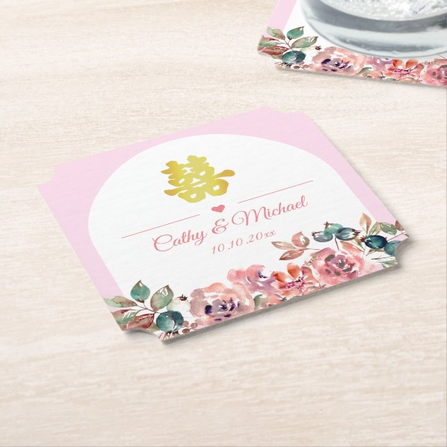 Pink white floral arch Chinese wedding Paper Coaster (Angled)
