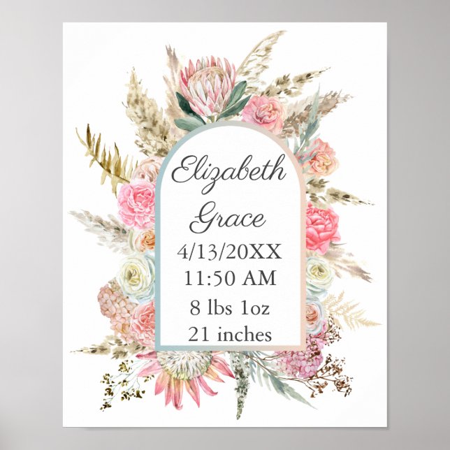 Pink White Floral Baby Birth Stats Personalised  Poster (Front)