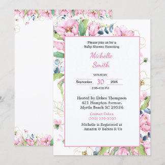 Pink White Floral Baby Shower Invitations