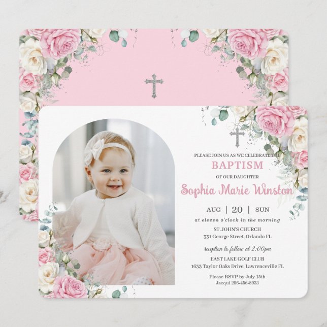 Pink White Floral Baptism Christening Arch Photo Invitation (Front/Back)