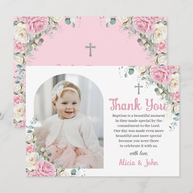 Pink White Floral Baptism Christening Arch Photo Thank You Card (Front/Back)
