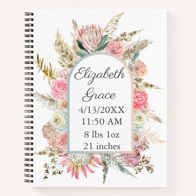 Pink White Floral Birth Stats Personalised Baby Notebook (Front)