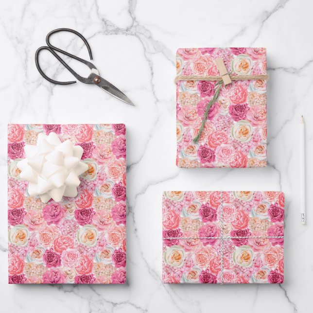 Pink White Floral Birthday for her Bridal Shower Wrapping Paper Sheet (Front)