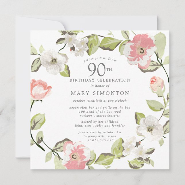 Pink White Floral Botanical 90th Birthday Party Invitation (Front)