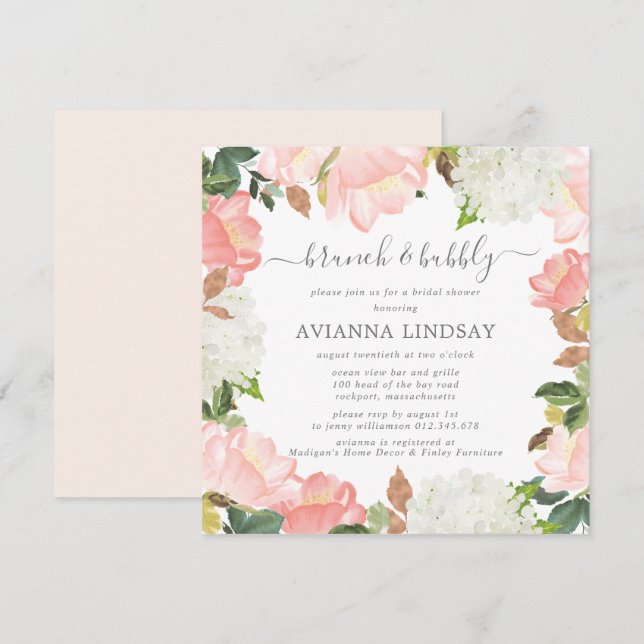 Pink White Floral Botanical Brunch and Bubbly  Invitation (Front/Back)
