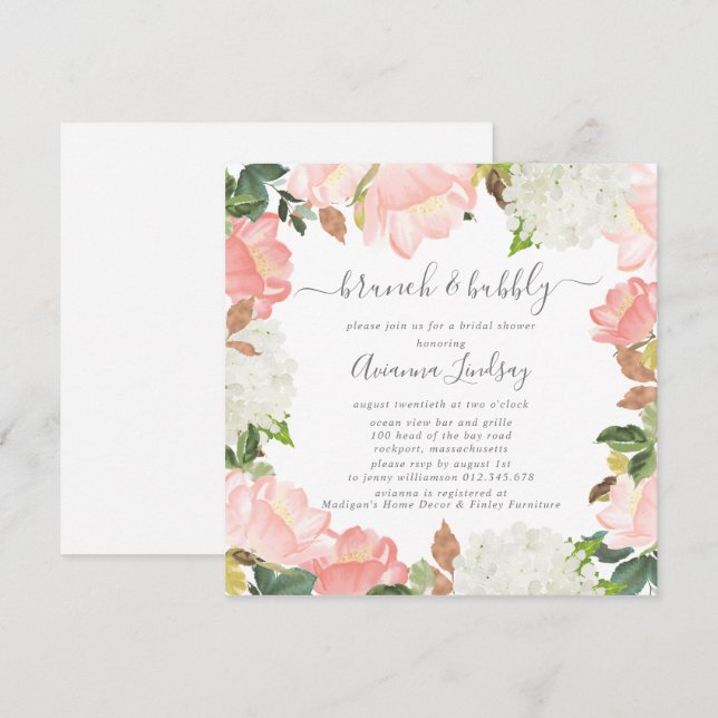Pink White Floral Botanical Brunch and Bubbly Invitation (Front/Back)