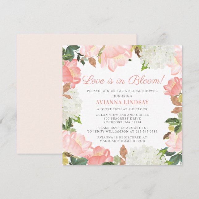 Pink White Floral Botanical Love is in Bloom Invitation (Front/Back)