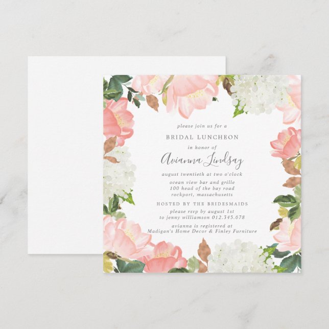 Pink White Floral Botanical Pretty Bridal Luncheon Invitation (Front/Back)