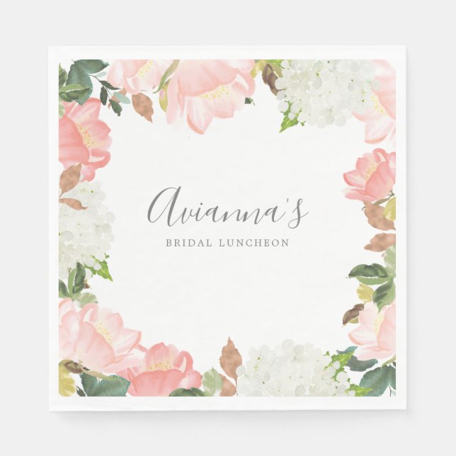 Pink White Floral Botanical Pretty Bridal Luncheon Napkin (Front)