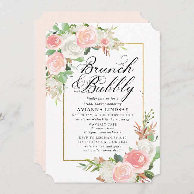 Pink White Floral Bridal Brunch Bubbly Shower Invitation (Front/Back)