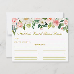 Pink White Floral Bridal Shower Gold Recipe Card