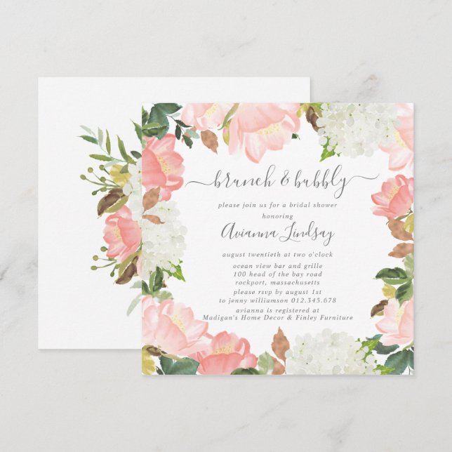 Pink White Floral Brunch Bubbly Invitation (Front/Back)