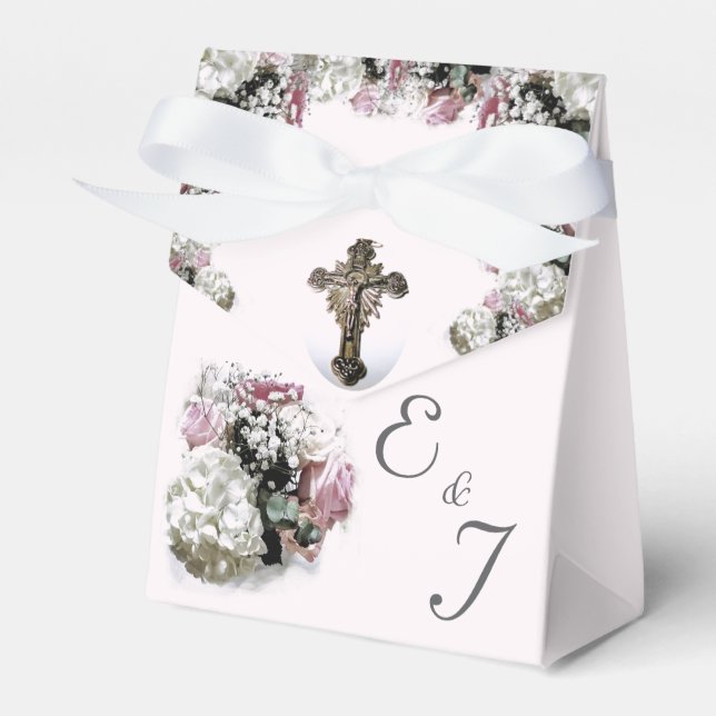 Pink & White Floral Catholic Wedding Favour Box (Front Side)