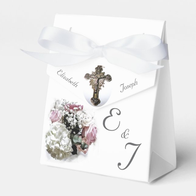 Pink & White Floral Catholic Wedding Favour Box (Front Side)