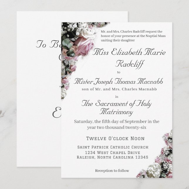 Pink & White Floral Catholic Wedding Invitation (Front/Back)