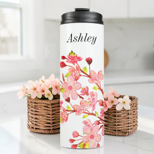 Pink White Floral Cherry Blossom Thermal Tumbler