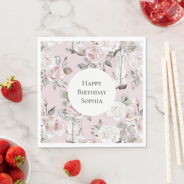 Pink White Floral Cowgirl Boots Birthday  Napkin (Insitu)
