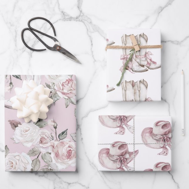 Pink White Floral Cowgirl Boots Birthday  Wrapping Paper Sheet (Front)