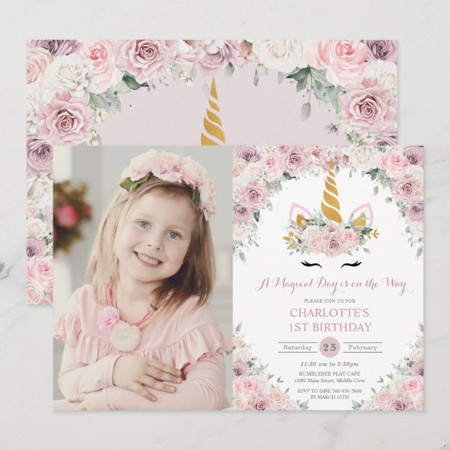 Pink White Floral Cute Unicorn 1st Birthday Photo Invitation (Front/Back)