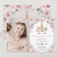 Pink White Floral Cute Unicorn 1st Birthday Photo