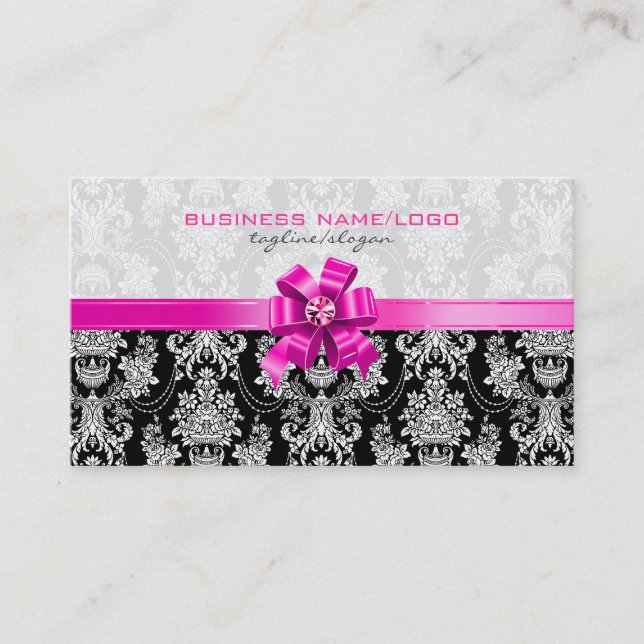 Pink & White Floral Damasks With Pink Bow Business Card (Front)