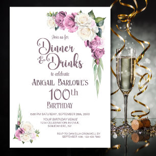 Pink White Floral Dinner and Drinks 100th Birthday Invitation