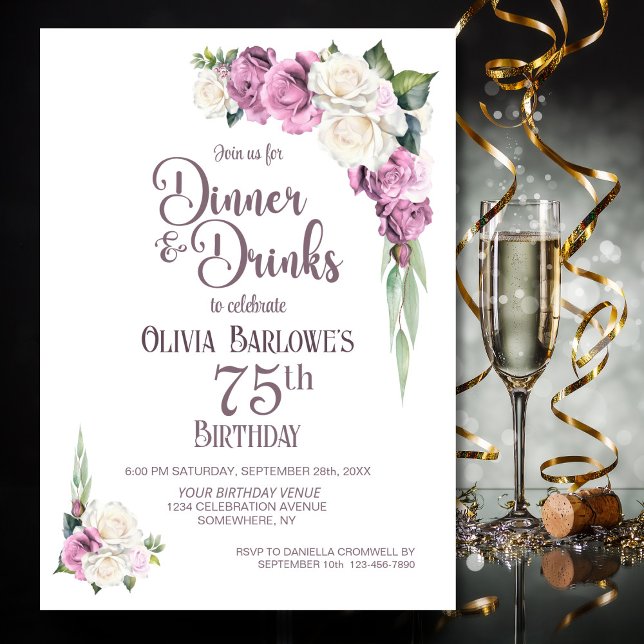 Pink White Floral Dinner and Drinks 75th Birthday Invitation (Creator Uploaded)