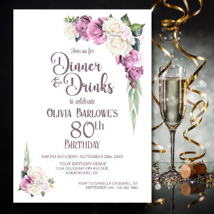 Pink White Floral Dinner and Drinks 80th Birthday Invitation