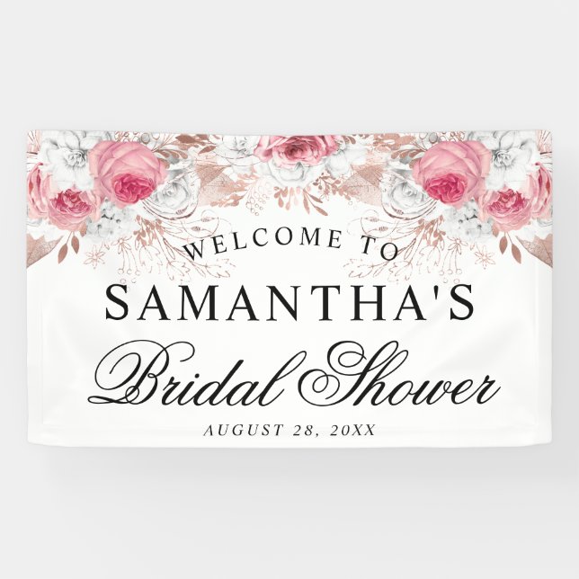 Pink & White Floral Elegant Bridal Shower Banner (Horizontal)