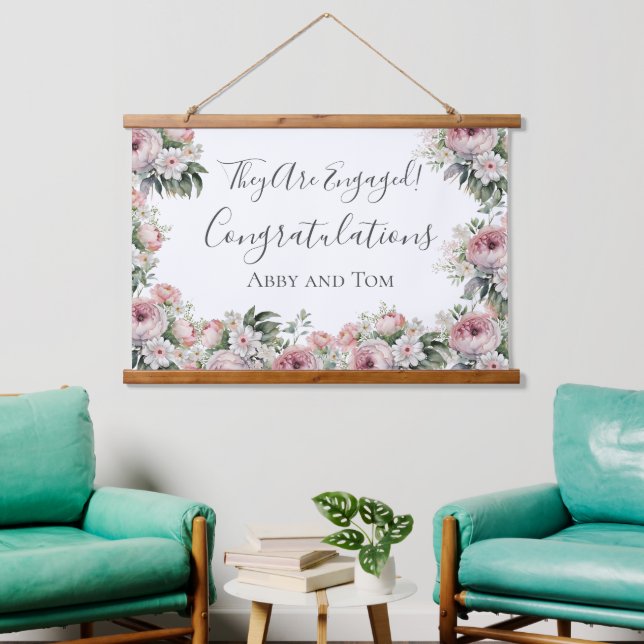 Pink White Floral Elegant Engagement Banner Hanging Tapestry (Living Room)