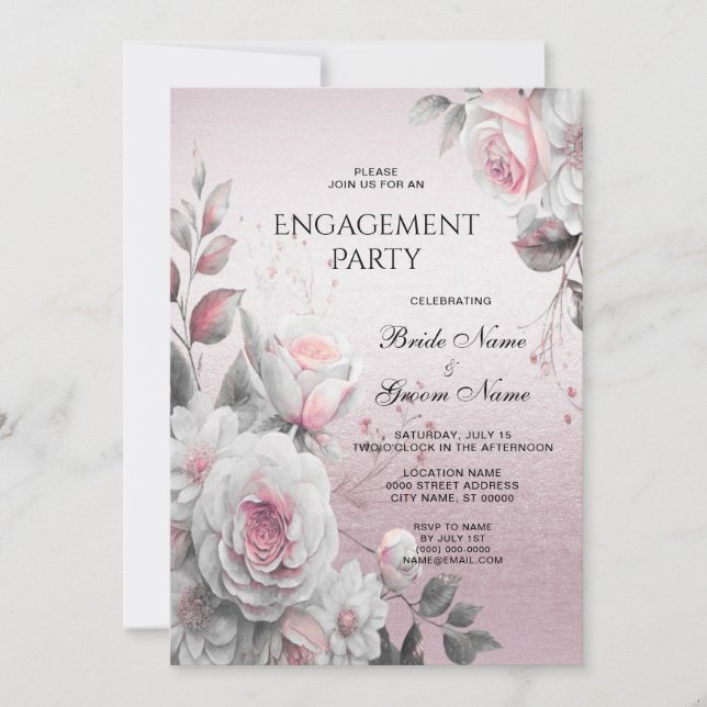 Pink White Floral Engagement Invitation (Front)