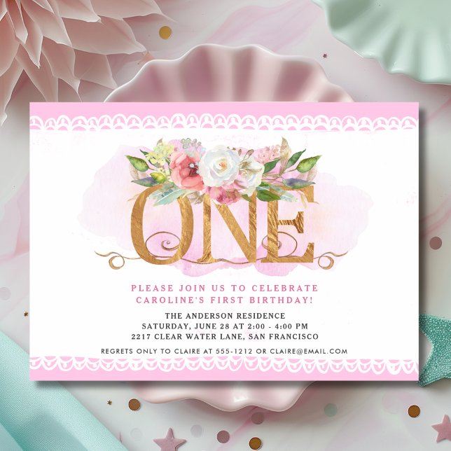 Pink White Floral First Birthday Invitation (Creator Uploaded)
