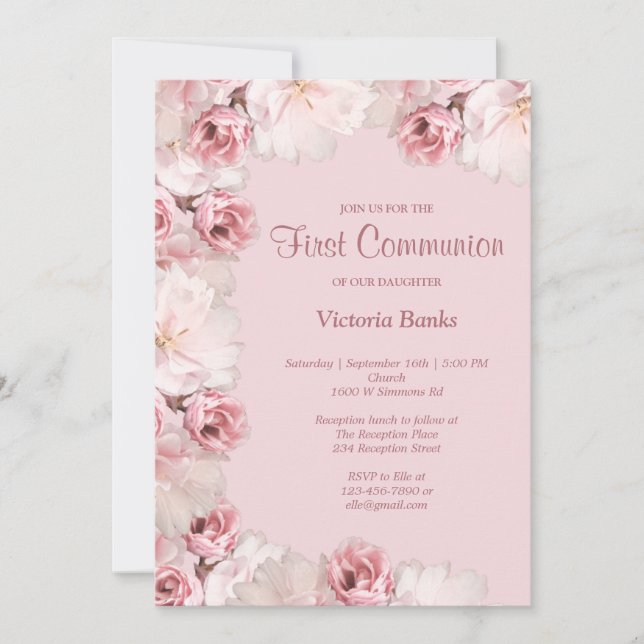 Pink/White Floral First Communion Invitation (Front)
