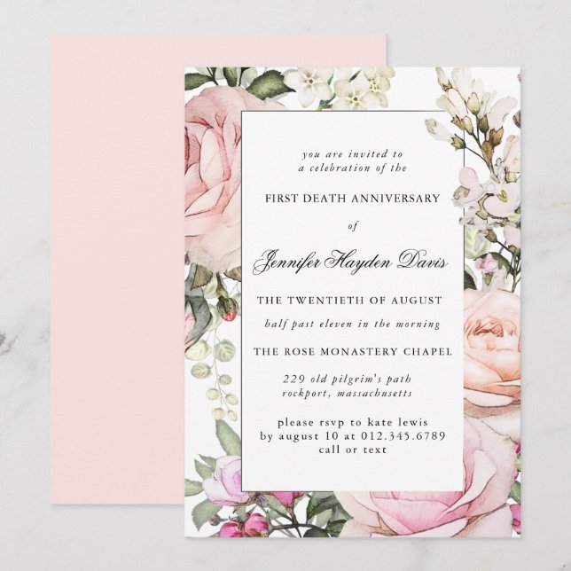 Pink White Floral First Death Anniversary Invitation (Front/Back)
