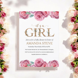 Pink White Floral Girl Baby Shower Invitation
