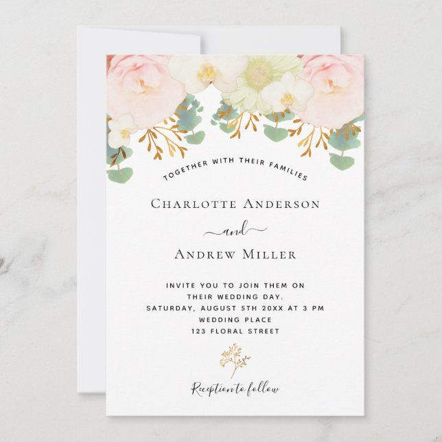 Pink white floral gold greenery watercolor wedding invitation (Front)