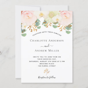 Pink white floral gold greenery watercolor wedding invitation