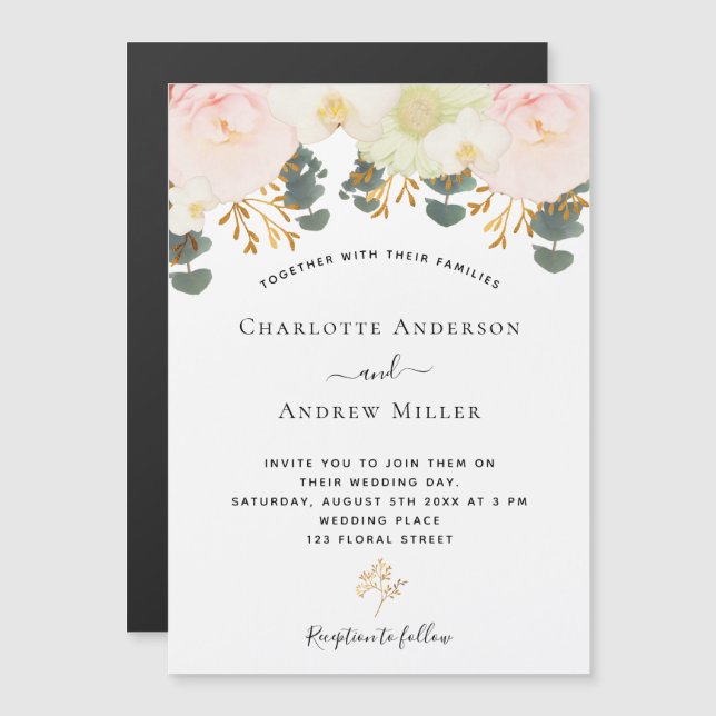 Pink white floral gold greenery wedding magnetic invitation (Front/Back)