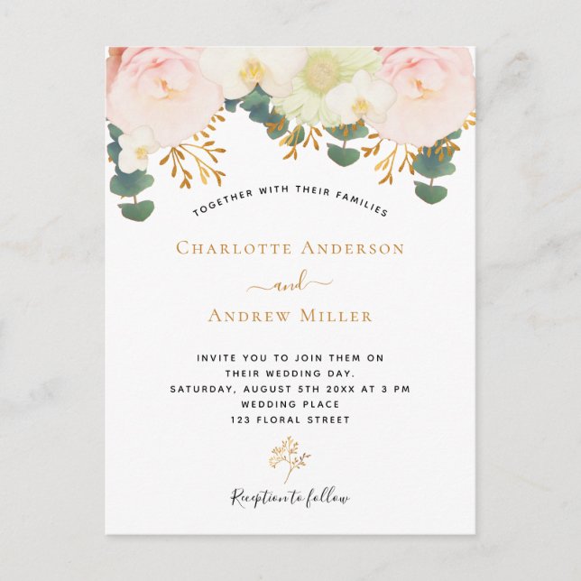 Pink white floral gold greenery wedding postcard (Front)