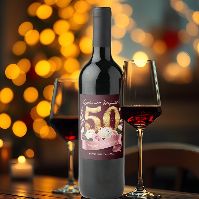 Pink White Floral Golden 50th Wedding Anniversary Wine Label (Creator Uploaded)