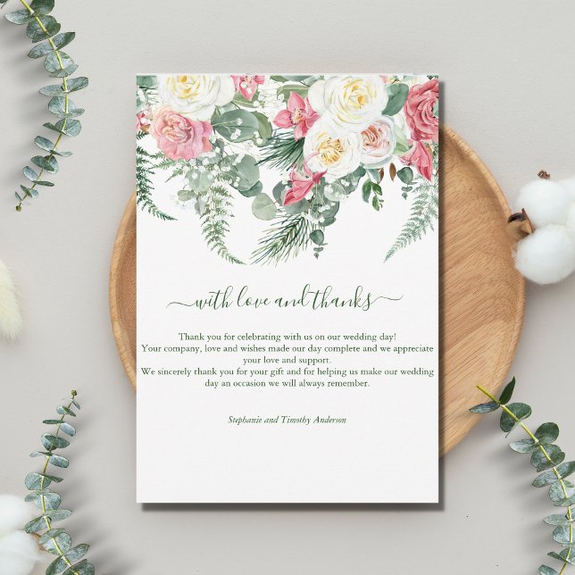 Pink White Floral Greenery Eucalyptus Wedding  Thank You Card (Creator Uploaded)