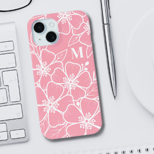 Pink White Floral Initial Monogram iPhone 15 Case